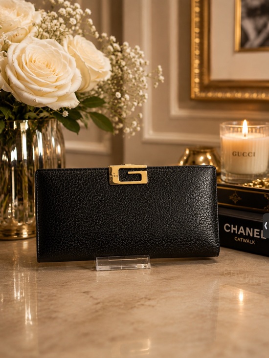 Gucci Handbags - Gucci Black Leather Continental Wallet with Silver G Clasp